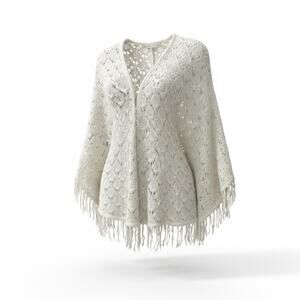 Anthro Sleeping On Snow Ivory Knit Fringe Poncho Cardigan Boho Open Front OS
